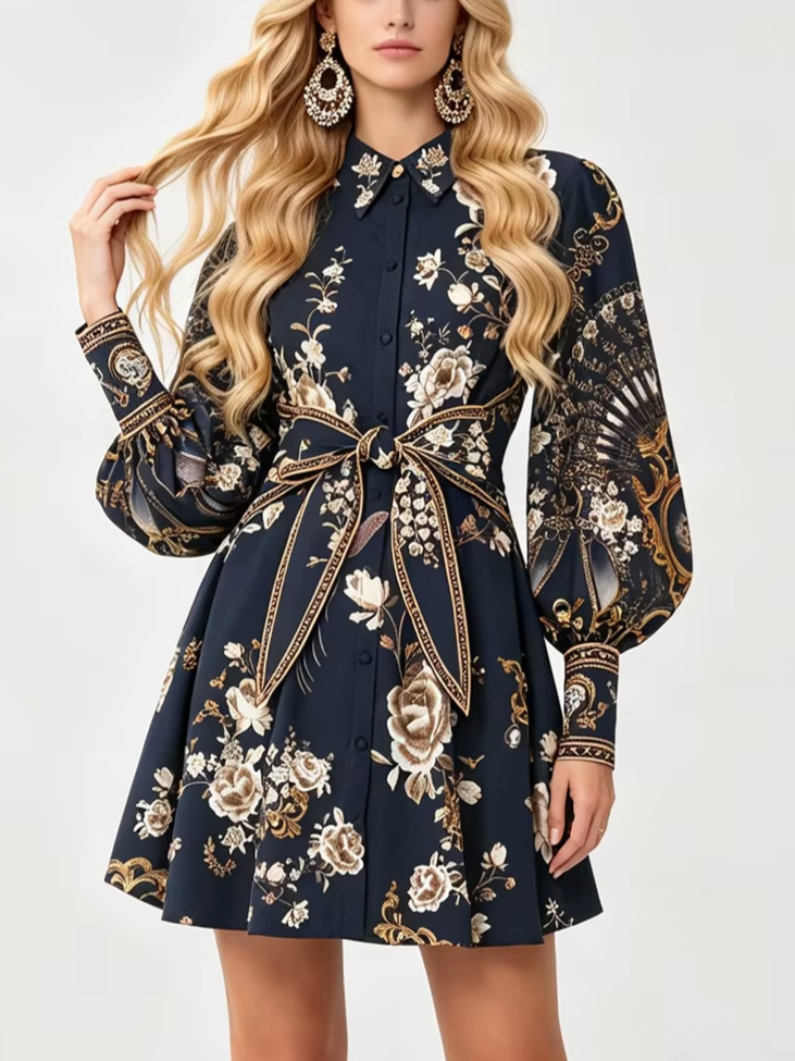 Exquisite Printed Long Sleeved Elastic Waisted A-line Black Dress