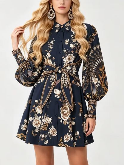Exquisite Printed Long Sleeved Elastic Waisted A-line Black Dress