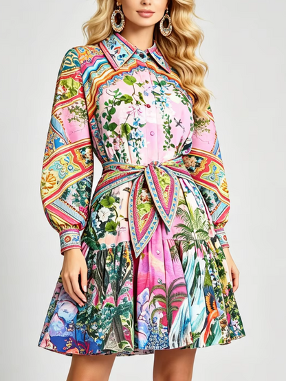 Exquisite Printed Long Sleeved Elastic Waisted A-line Dress