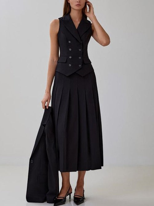 Exquisite V Neck Lapel Vest With Pleated Skirt Set