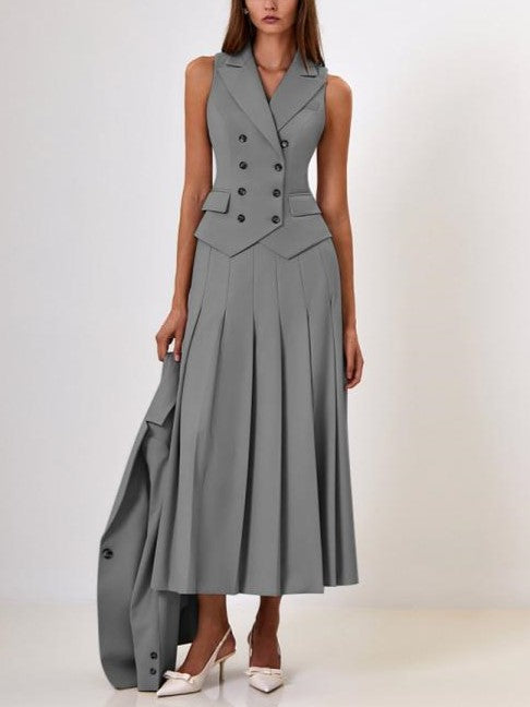 Exquisite V Neck Lapel Vest With Grey Pleated Skirt Set