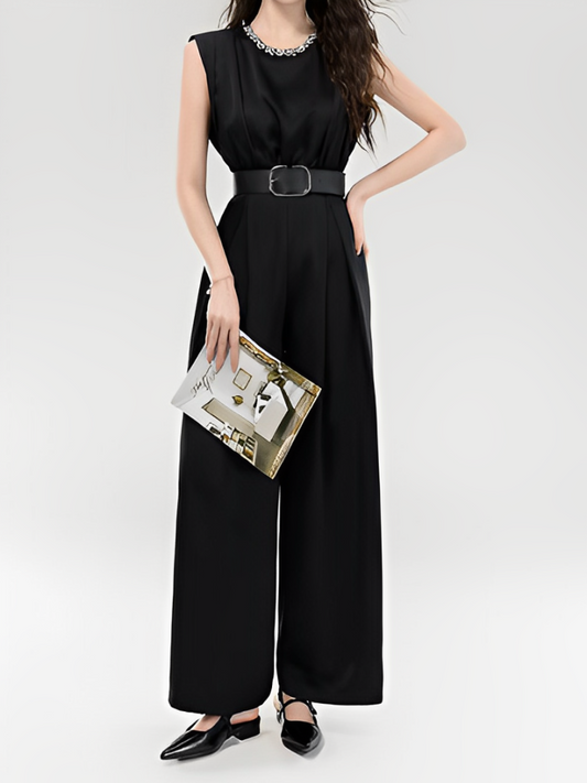 Fabulous Black Beaded Sleeveless Wide Leg Jumpsuit
