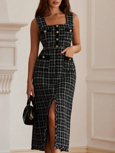 Fabulous Black Tweed Button Decor Sleeveless Midi Dress