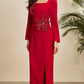 Fabulous Square Collar Slit Slim Flower Decor Long Sleeve Red Party Dress