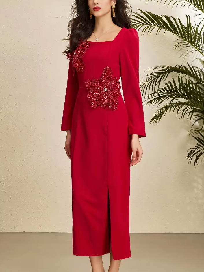 Fabulous Square Collar Slit Slim Flower Decor Long Sleeve Red Party Dress