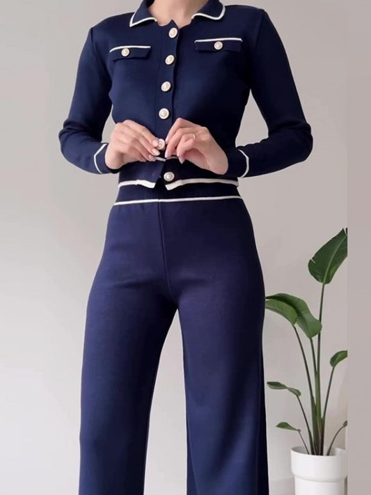 Fashionable Colorblock High Rise Straight Pants Blue Set