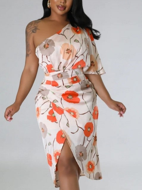 Fashionable Floral Print One Shoulder Orange Dress