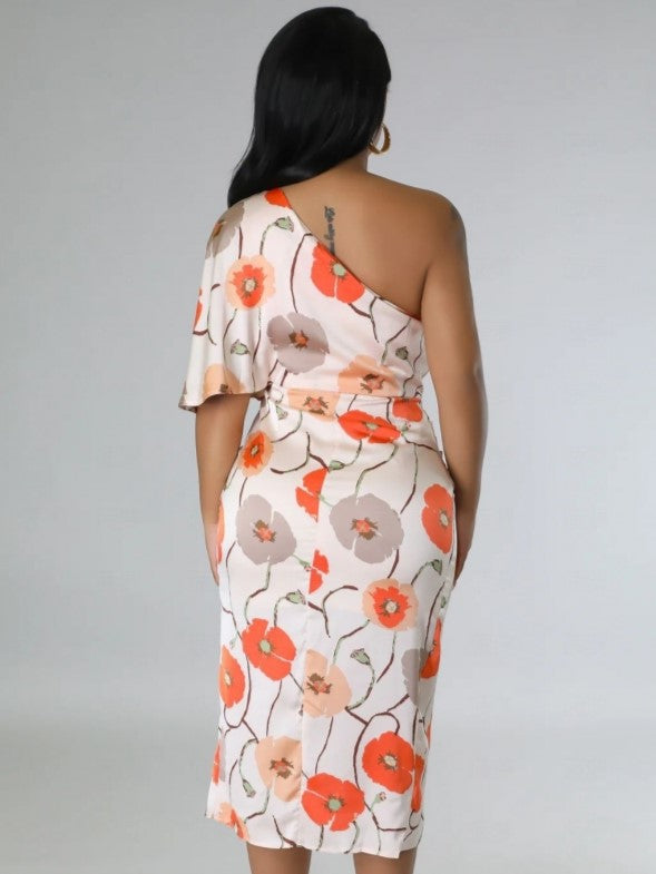 Fashionable Floral Print One Shoulder Orange Dress