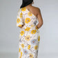 Fashionable Floral Print One Shoulder Yellow Dress