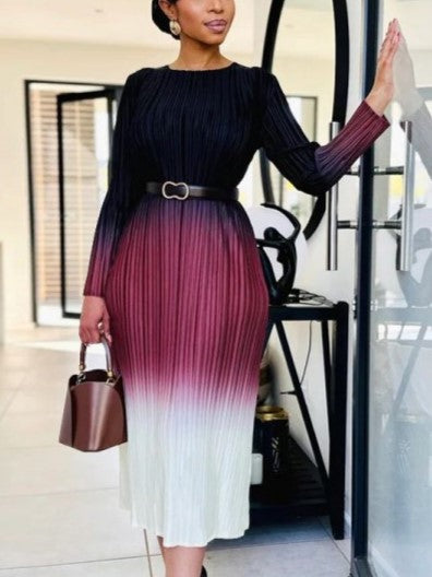 Fashionable Gradient Long Sleeve Pleated Wine Red Dress - Ships in 24 Hrs