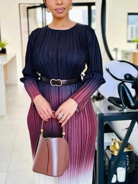 Fashionable Gradient Long Sleeve Pleated Wine Red Dress - Ships in 24 Hrs
