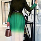 Fashionable Gradient Long Sleeve Pleated Green Dress
