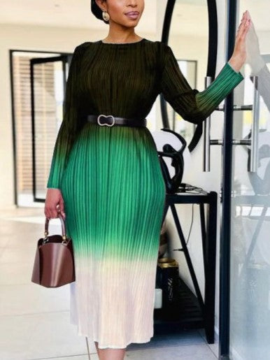Fashionable Gradient Long Sleeve Pleated Green Dress
