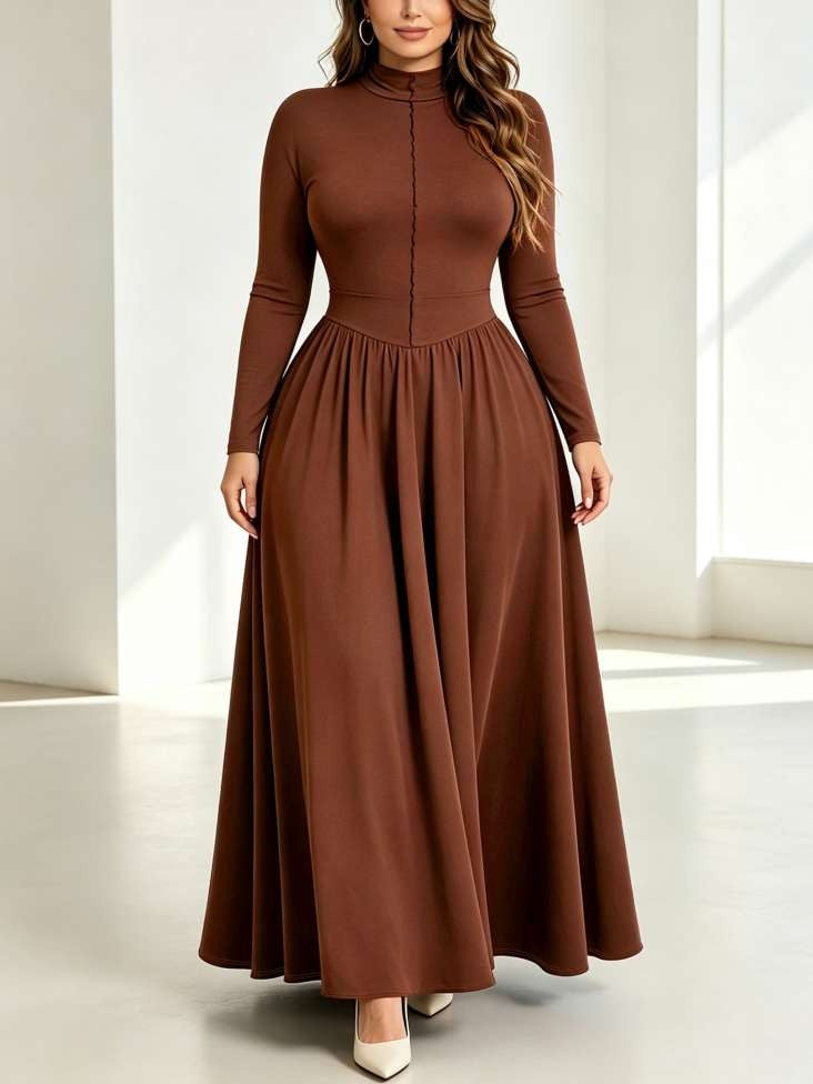Fashionable Long Sleeve Plus Solid Maxi Dress