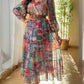 Fashionable Pleated Printed Long Sleeve Swing Dress