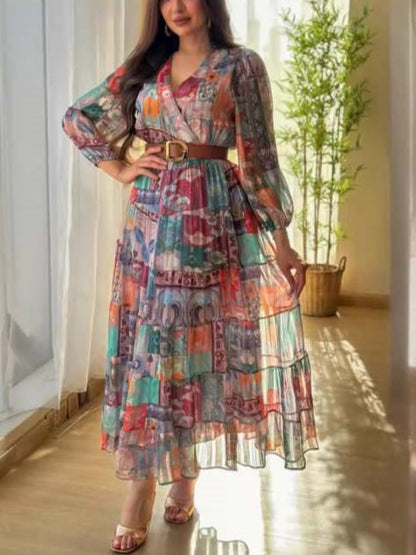 Fashionable Pleated Printed Long Sleeve Swing Dress - Ships in 24 Hrs