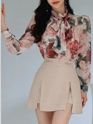 Fashionable Printed Bow Top With Skirt Set