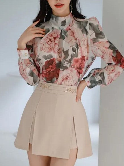 Fashionable Printed Bow Top With Skirt Set