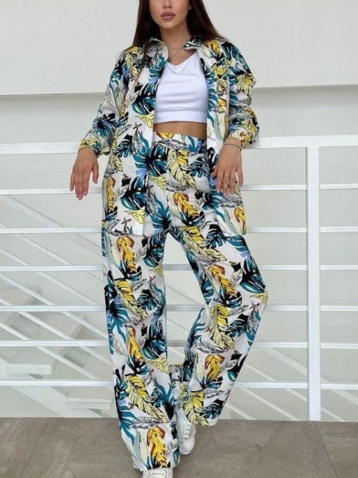 Fashionable Printed High Rise Wide Leg Yellow Co ord Set