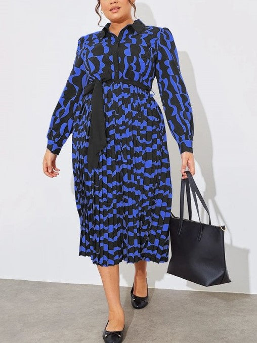 Fashionable Printed Long Sleeve Blue Pleated Plus Dress