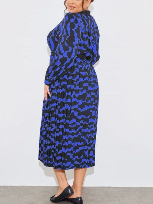 Fashionable Printed Long Sleeve Blue Pleated Plus Dress
