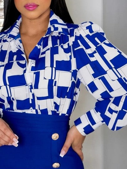 Fashionable Printed Shirt With Blue Skirt Set - Ships in 24 Hrs