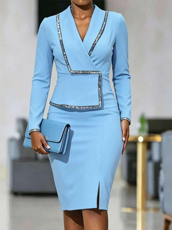 Fashionable V Neck Sequin Split Hem Blue Dress