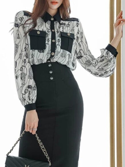 Formal Fashion Printed Shirt With High Waist Pencil Skirt Suit Set
