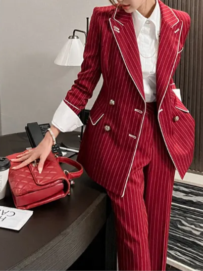 Formal Fashion Striped Red Double Breasted Pants Suit Set