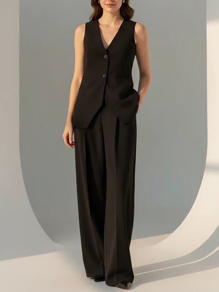 Formal Style Long Vest Sleeveless Blazer WIth Wide Leg Pants Set