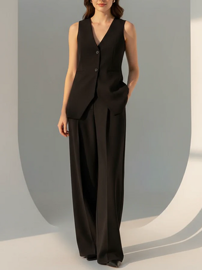 Formal Style Long Vest Sleeveless Blazer WIth Wide Leg Pants Set