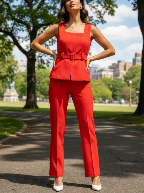 Formal Style Red Vest Belted Top With Pants Set