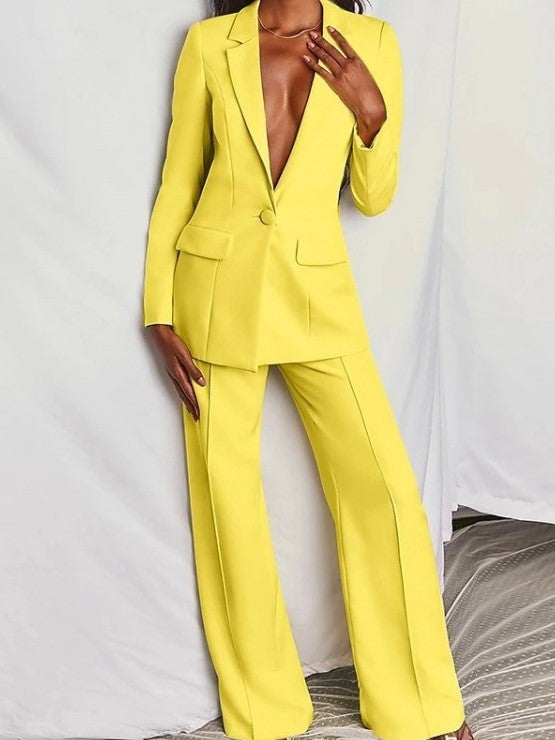 Formal Style Solid Blazer With Yellow Trouser Suit Set