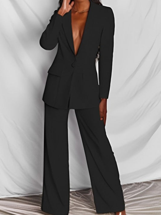 Formal Style Solid Blazer With Black Trouser Suit Set