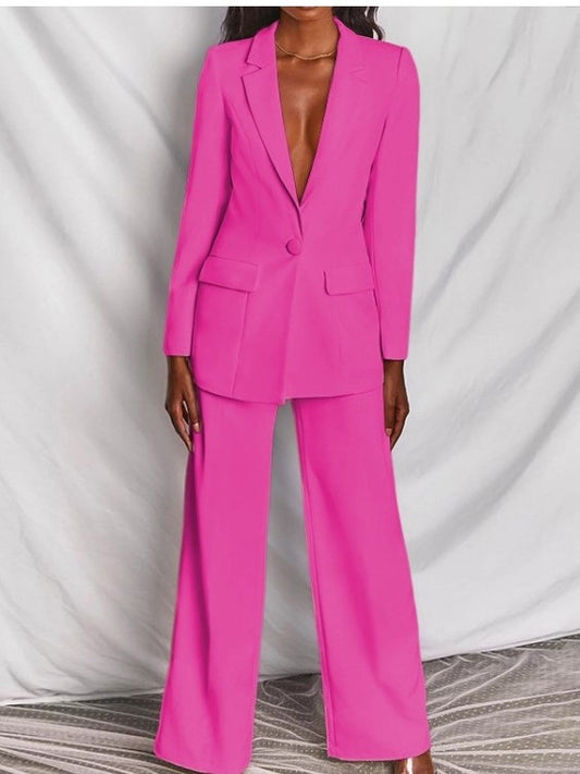 Formal Style Solid Blazer With Pink Trouser Suit Set