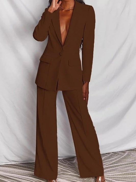 Formal Style Solid Blazer With Coffee Trouser Suit Set