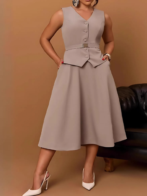 Formal Style V Neck Button Up A Line Skirt Set