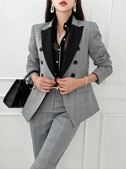 Formal Wear Contrast Blazer With Pants Grey Suit Set - Ships in 24 Hrs