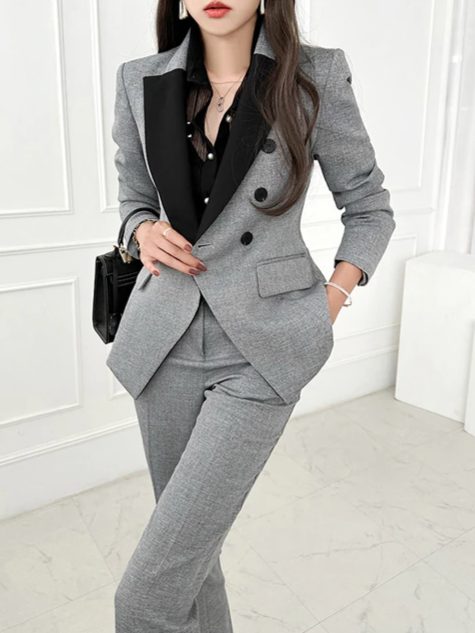 Formal Wear Contrast Blazer With Pants Grey Suit Set