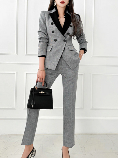 Formal Wear Contrast Blazer With Pants Grey Suit Set - Ships in 24 Hrs