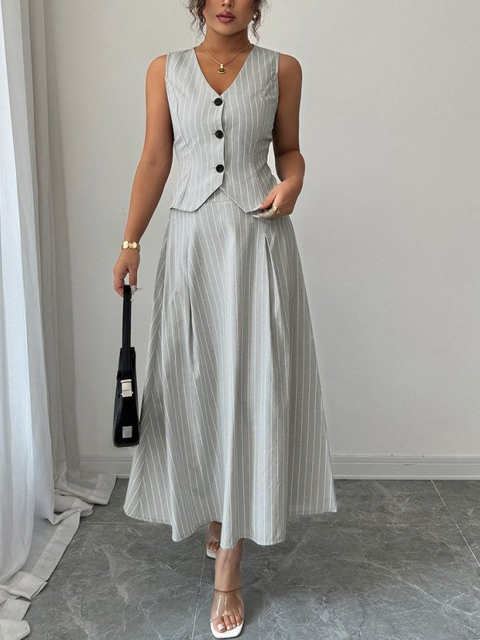 Formal Wear Striped V Neck Vest With Skirt Grey Set