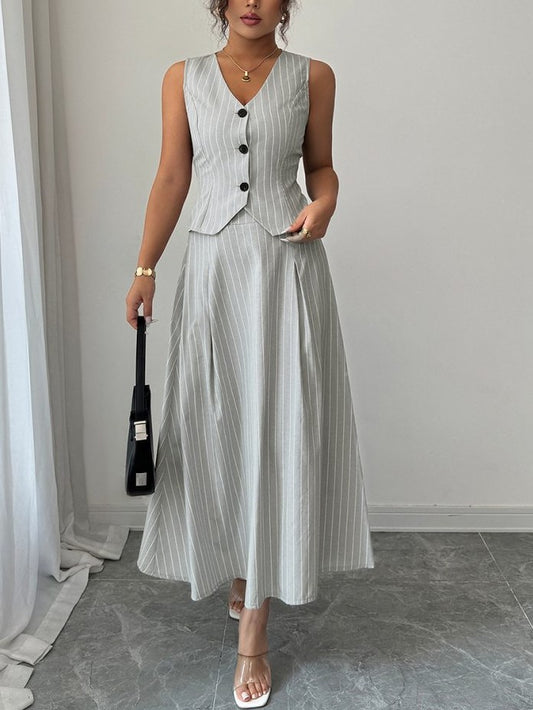 Formal Wear Striped V Neck Vest With Skirt Grey Set