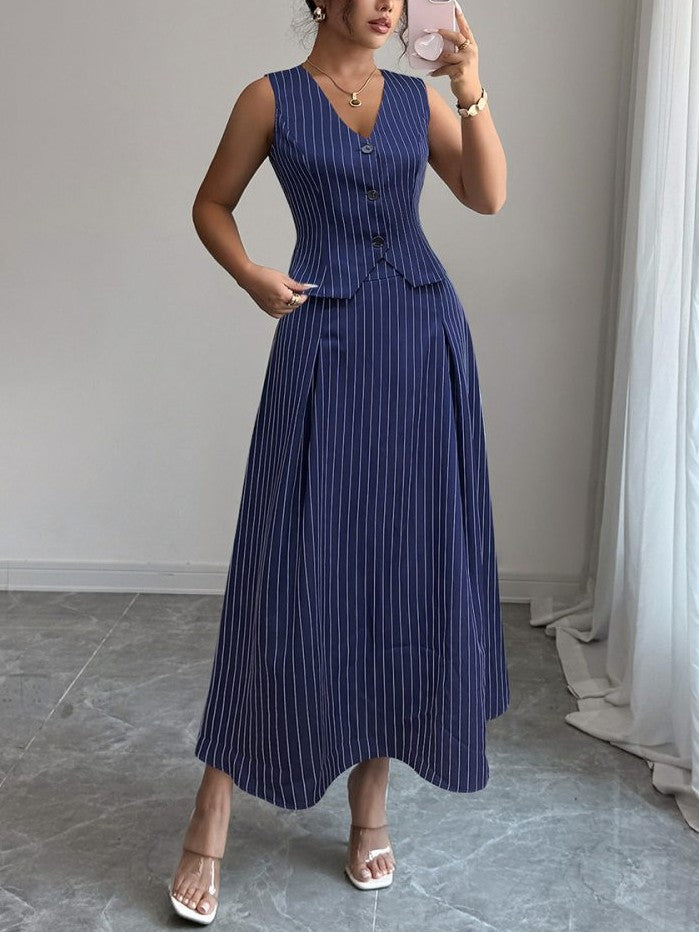 Formal Wear Striped V Neck Vest With Skirt Blue Set