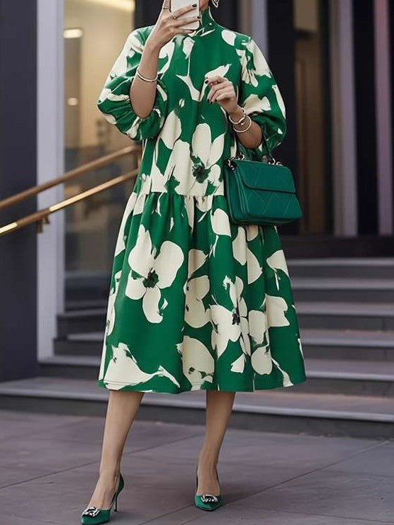 Fresh Flower Tie Wrap Stand Collar Short Sleeve Green Dress