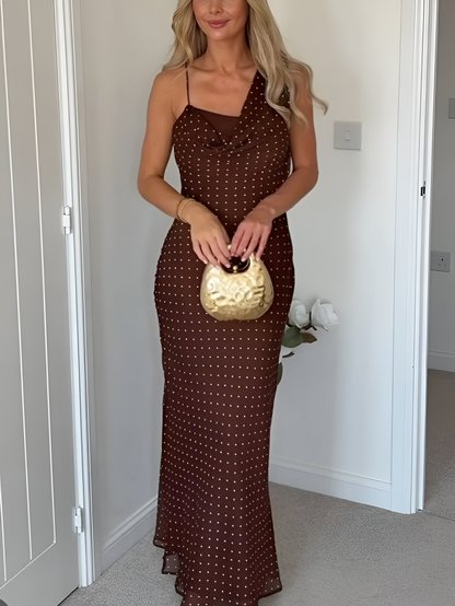 Gorgeous Brown Draped Asymetric Dot Maxi Dress