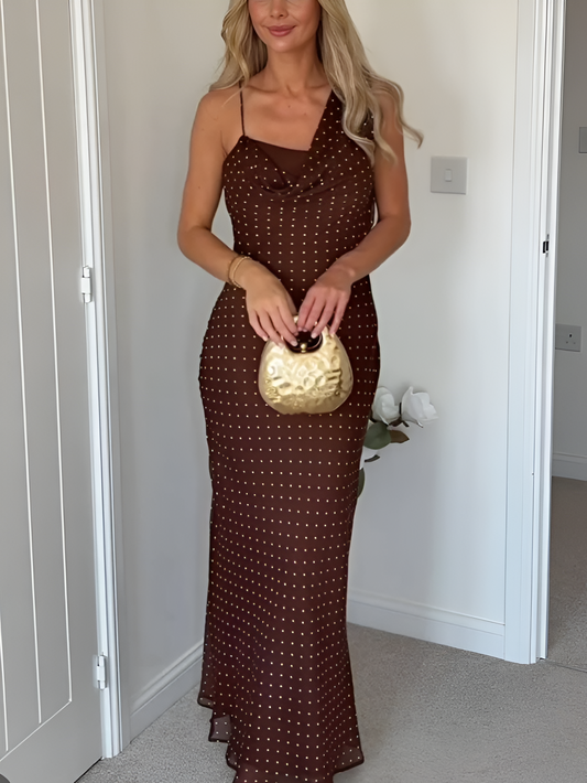 Gorgeous Brown Draped Asymetric Dot Maxi Dress