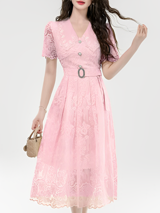 Gorgeous Floral Crochet Hollow Out Pink Party Dress