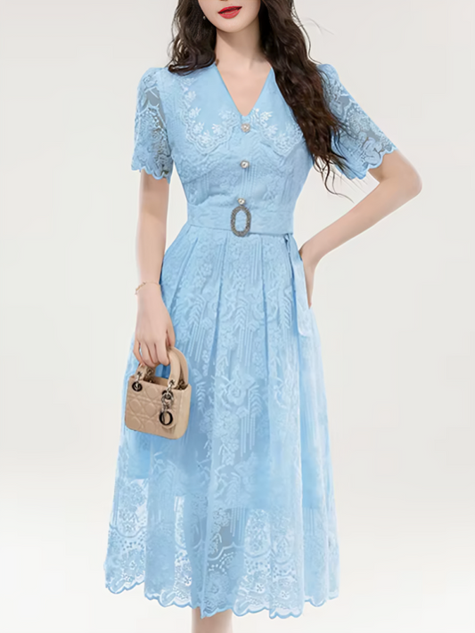 Gorgeous Floral Crochet Hollow Out Blue Party Dress