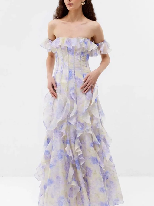 Gorgeous Ruffle Floral Frill Off Shoulder Maxi Dress