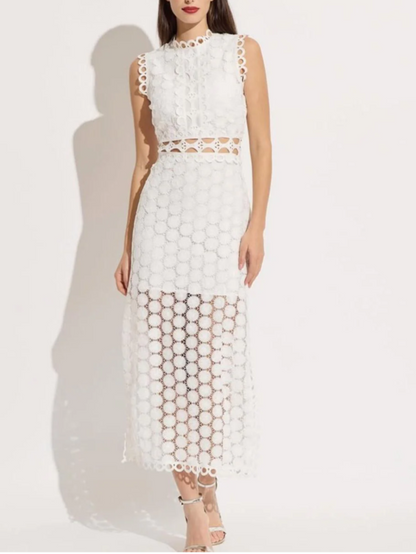 Gorgeous White Crew Neck Laser Lace Sleeveless Slit Dress